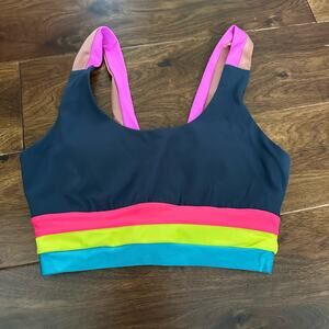 Lanston Sport Streak Stripe Bra small navy blue pink green brown